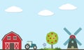 Farm landscape illustration. Agriculture and nature vector icons and symbols: barn house, tractor, windmill, tree, grass, flower,