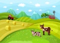 Farm landscape illustration with cows