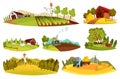 Farm landscape set. Collection agriculture field, rural nature scene. Ruralfield panorama with sheds, barns and tractors