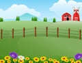 Farm landscape with shed and red windmill on daylight Royalty Free Stock Photo