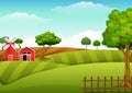 Farm landscape with shed and red windmill Royalty Free Stock Photo