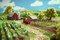 farm landscape with three-dimensional elements, rural landscape with farm fields and domestic animals Royalty Free Stock Photo