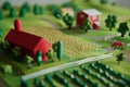 farm landscape with three-dimensional elements, rural landscape with farm fields and domestic animals Royalty Free Stock Photo