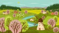 Farm landscape vector hand drawn poster. Rural countryside scene with house, farm, windmill and agriculture field