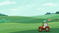 Farm landscape vector illustration with green meadow field, tractor and animal cow horse. Nature spring or summer Royalty Free Stock Photo