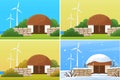 Farm landscape with wind turbines, renewable energy sources. Barn of field, meadow. Farm in different seasons winter Royalty Free Stock Photo