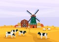 Farm landscape with windmill, barn and livestock Royalty Free Stock Photo