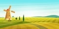 Farm landscape, windmill on field, Rural countryside. Cartoon modern style vector illustration