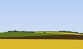Farm landscapes with green, brown and yellow fields with trees i