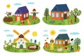 Farm landscapes set in cartoon style with farmhouses, animals and trees