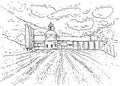 Farm with lavender field drawn graphics sketch coloring antistress village