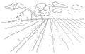 Farm lavender field landscape graphic drawing hand drawn print background summer Italy France