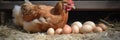 farm.laying hen incubates eggs in a chicken coop on the farm