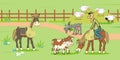 Farm life, cowboy riding, calf, goat and sheep.