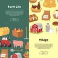 Farm life and village. Organic farming and agribusiness banners with cartoon farm equipment, food and animals vector