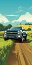 Chevrolet Silverado: Hyper-detailed Cartoon Illustration Of A Truck In Rural Area