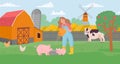 Farm life. Young female woman feeding pig, meadow with cow and poultry. Animal husbandry and breeding Royalty Free Stock Photo