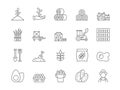 Farm line icons. Agriculture field. Farmer and harvesting tractor. Rural lands. Wheat grain sack. Vegetable crop Royalty Free Stock Photo