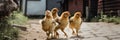 farm. little yellow chickens walk around the farm yard on a sunny warm day