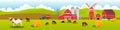 Farm livestock vector landscape with grazing cows, barn, mill, haystack, meadow, hills. Royalty Free Stock Photo