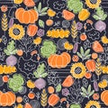 Farm living seamless pattern. Linear graphic. Chicken, vegetables and harvest tools. Scandinavian doodle style.