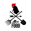 Farm logo with a rooster and farmer's tools