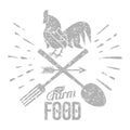 Farm logo with a rooster and farmer's tools