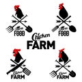 Farm logo with a rooster and farmer's tools