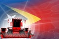 Farm machinery modernisation concept, 3 red modern farm combine harvesters on Timor-Leste flag - digital industrial 3D