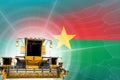 Farm machinery modernisation concept, 3 yellow modern farm combine harvesters on Burkina Faso flag - digital industrial 3D