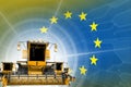 Farm machinery modernisation concept, 3 yellow modern farm combine harvesters on European Union flag - digital industrial 3D