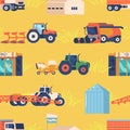 Farm Machinery Seamless Pattern. Repeating Design Featuring Various Agricultural Equipment Such As Tractors