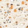 Farm map seamless pattern. Vector hand-drawn road with funny characters of pets, houses and barns with tractor and Royalty Free Stock Photo