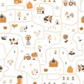 Farm map seamless pattern. Vector hand-drawn road with funny characters of pets, houses and barns with tractor and Royalty Free Stock Photo