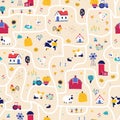 Farm map seamless pattern. Vector hand-drawn road with funny characters of pets, houses and barns with tractor and Royalty Free Stock Photo