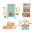 Farm market banner, basket, box with fruits, vegetables, sunflowers. Bright vector illustration for card, flyer, banner. Royalty Free Stock Photo