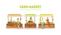 Farm Market, Farmers Selling Fresh Natural Organic Products on Stalls with Awnings on Organic Market Vector Illustration