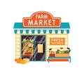 Farm market flat vector illustration. Food store building exterior. Vegetable shop facade with signboard isolated on