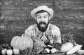 Farm market harvest festival. Man mature bearded farmer hold vegetables wooden background. Sell vegetables. Grocery Royalty Free Stock Photo