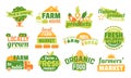 Farm market labels set of vector illustrations, banners and ribbons for organic, fresh and farmer products design. Green Royalty Free Stock Photo