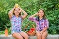 Farm market. Summer harvest concept. Natural harvest. Happy sisters garden. Selling homegrown food concept. Girls cute