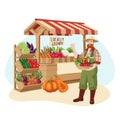 Farm market vector flat cartoon illustration. Farmer sells locally grown vegetables. Healthy organic food shop concept