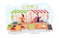 Farm market vector illustration, cartoon flat happy man woman seller characters working, farmer people selling organic