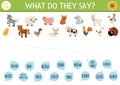 Farm matching activity with cute animals and animal sounds. Country puzzle with rabbit, cow, cat, hen, goat, pig. What do they say