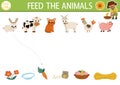 Farm matching activity with cute animals and food. Country puzzle with rabbit, cow, cat, hen, goat, pig. Match the objects game.