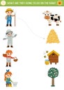 Farm matching activity with cute farmers and their chores. Country puzzle with cow, hay, beekeeper, market vendor, dairymaid. Royalty Free Stock Photo