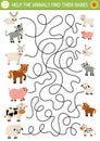 Farm maze for kids with animals and their babies. Country side preschool printable activity with cute goat, pig, horse, sheep, cow Royalty Free Stock Photo