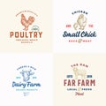 Farm Meat, Cheese and Poultry Logos Set. Abstract Vector Signs or Symbols Templates. Hand Drawn Domestic Animals and Royalty Free Stock Photo