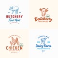 Farm Meat, Poultry and Dairy Logos Set. Abstract Vector Signs or Symbols Templates. Hand Drawn Domestic Animals and Royalty Free Stock Photo