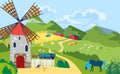 Farm with mill landscape in mountain area, ranche outdoors, village house on hill, design cartoon style vector